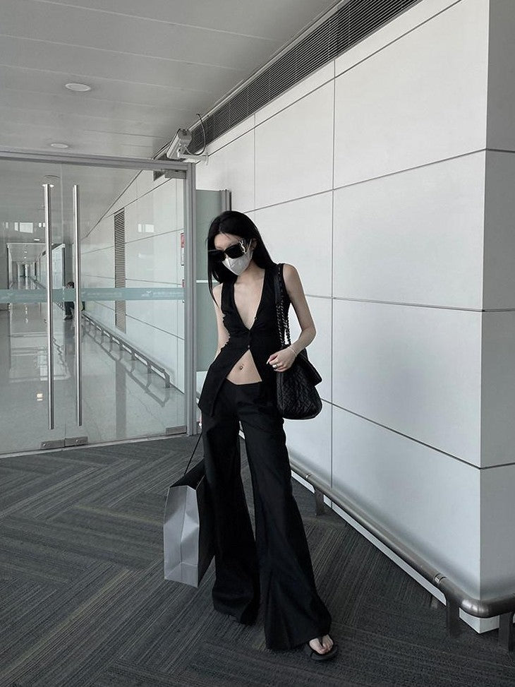 Fanptntox Streetwear Low V Waist Straight Loose Women's Polyester Blend Wide-leg Pants