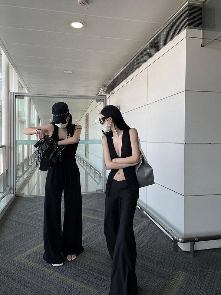 Fanptntox Streetwear Low V Waist Straight Loose Women's Polyester Blend Wide-leg Pants