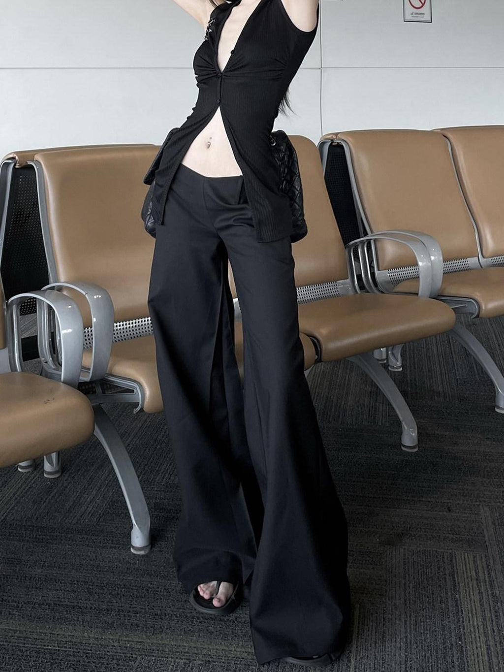 Fanptntox Streetwear Low V Waist Straight Loose Women's Polyester Blend Wide-leg Pants