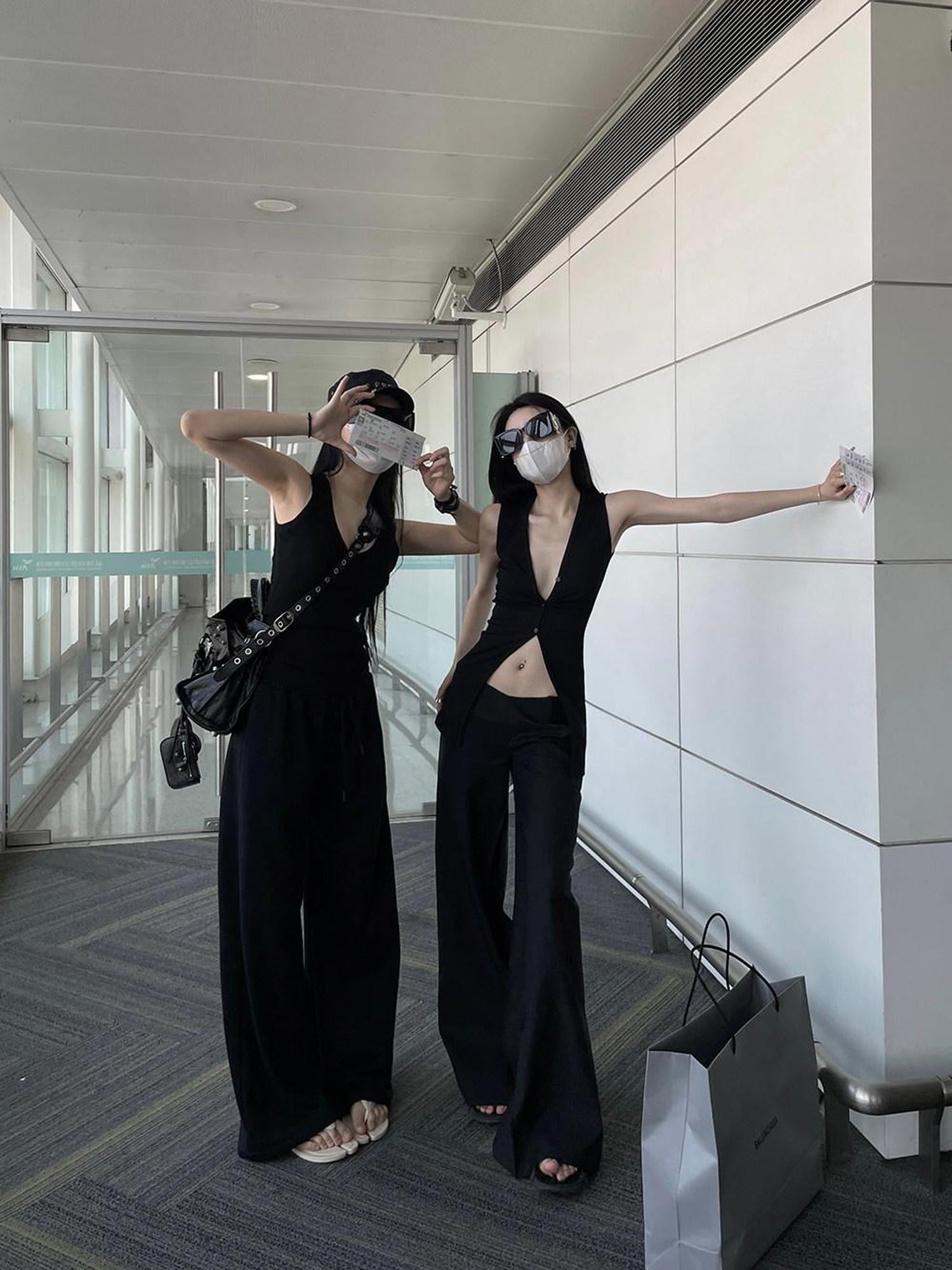 Fanptntox Streetwear Low V Waist Straight Loose Women's Polyester Blend Wide-leg Pants