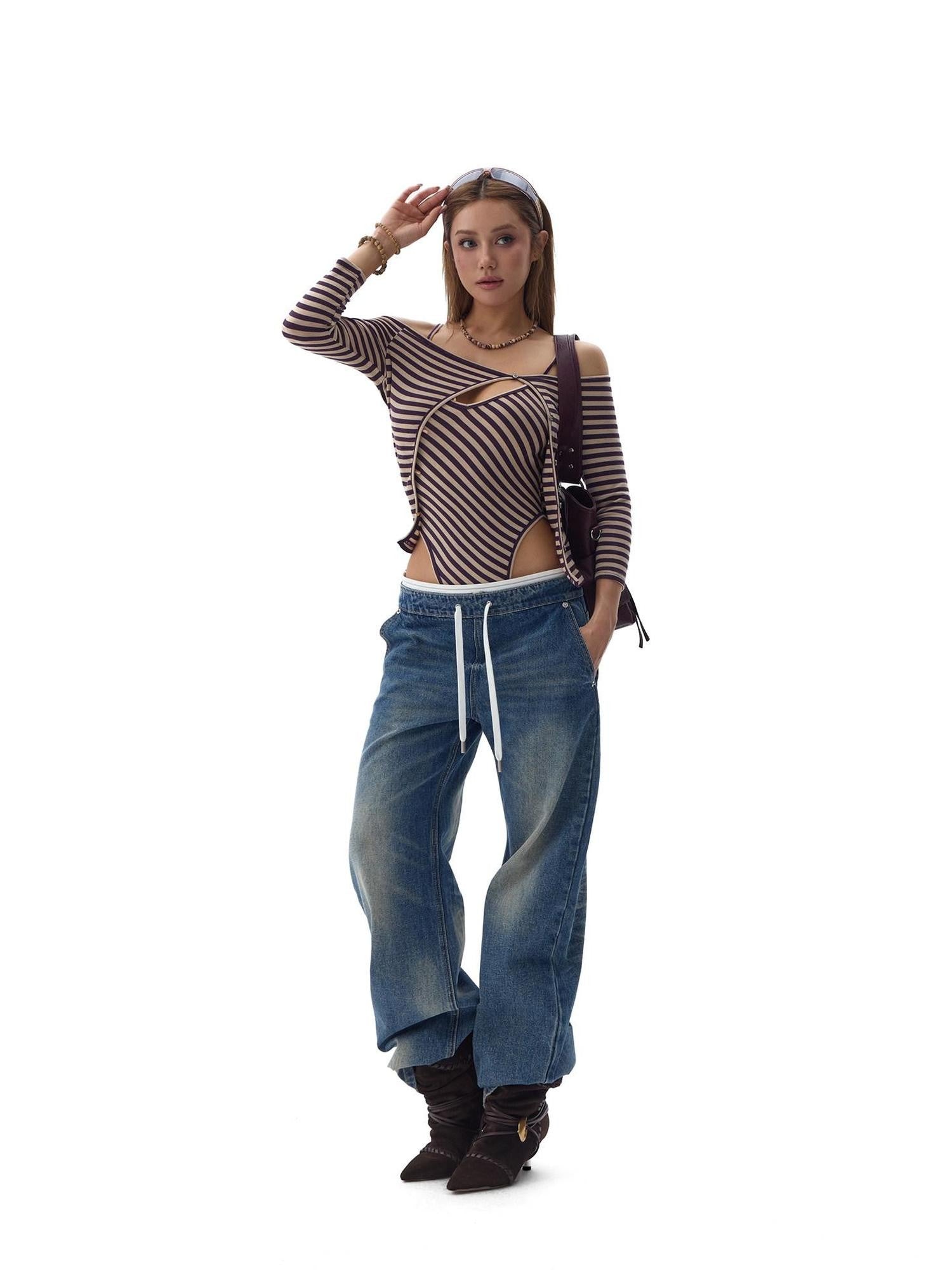 Fanptntox Striped Colorblock Knit One Shoulder Cutout Women's Lyocell Wool Cardigans