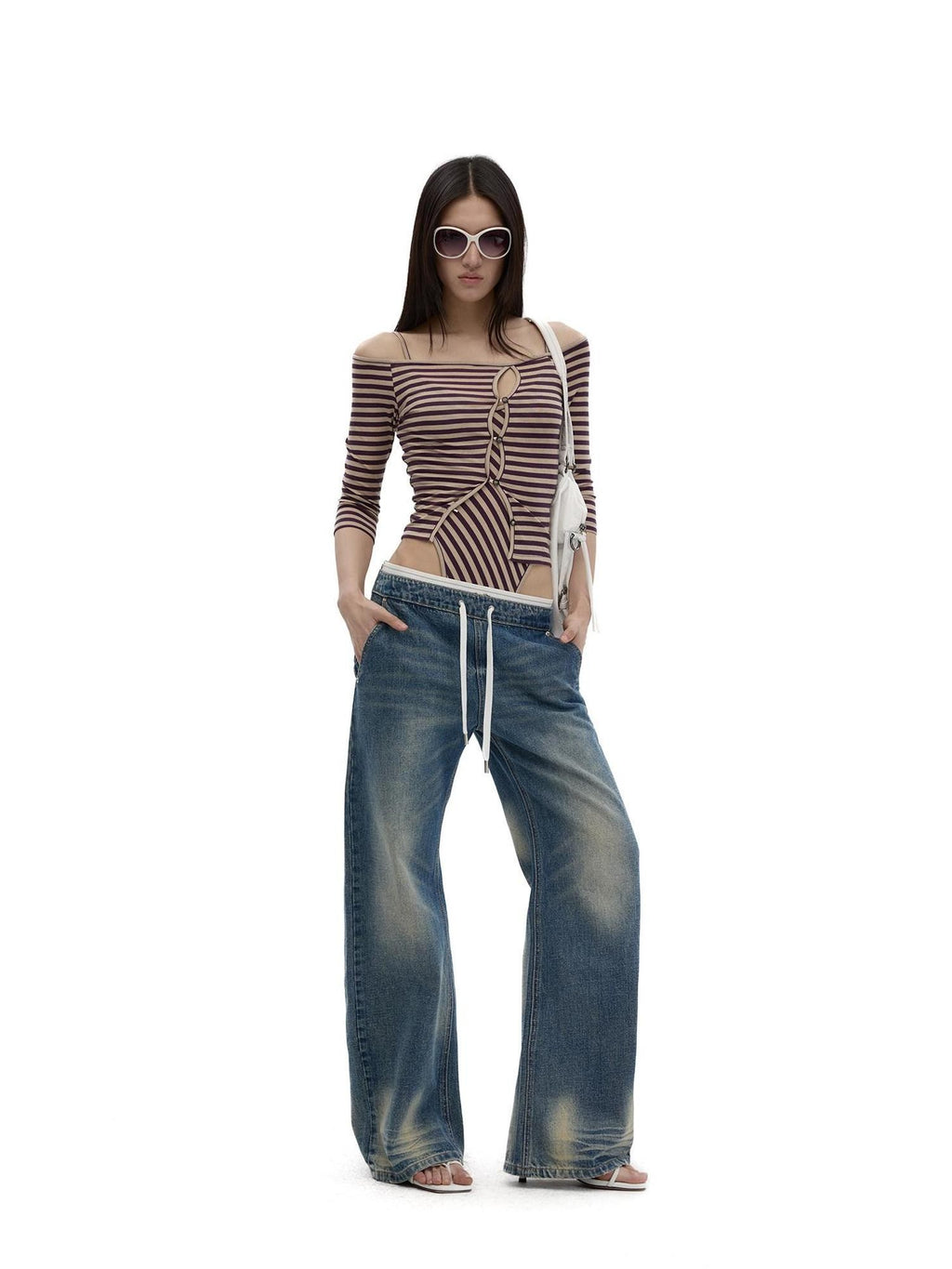 Fanptntox Striped Colorblock Knit One Shoulder Cutout Women's Lyocell Wool Cardigans