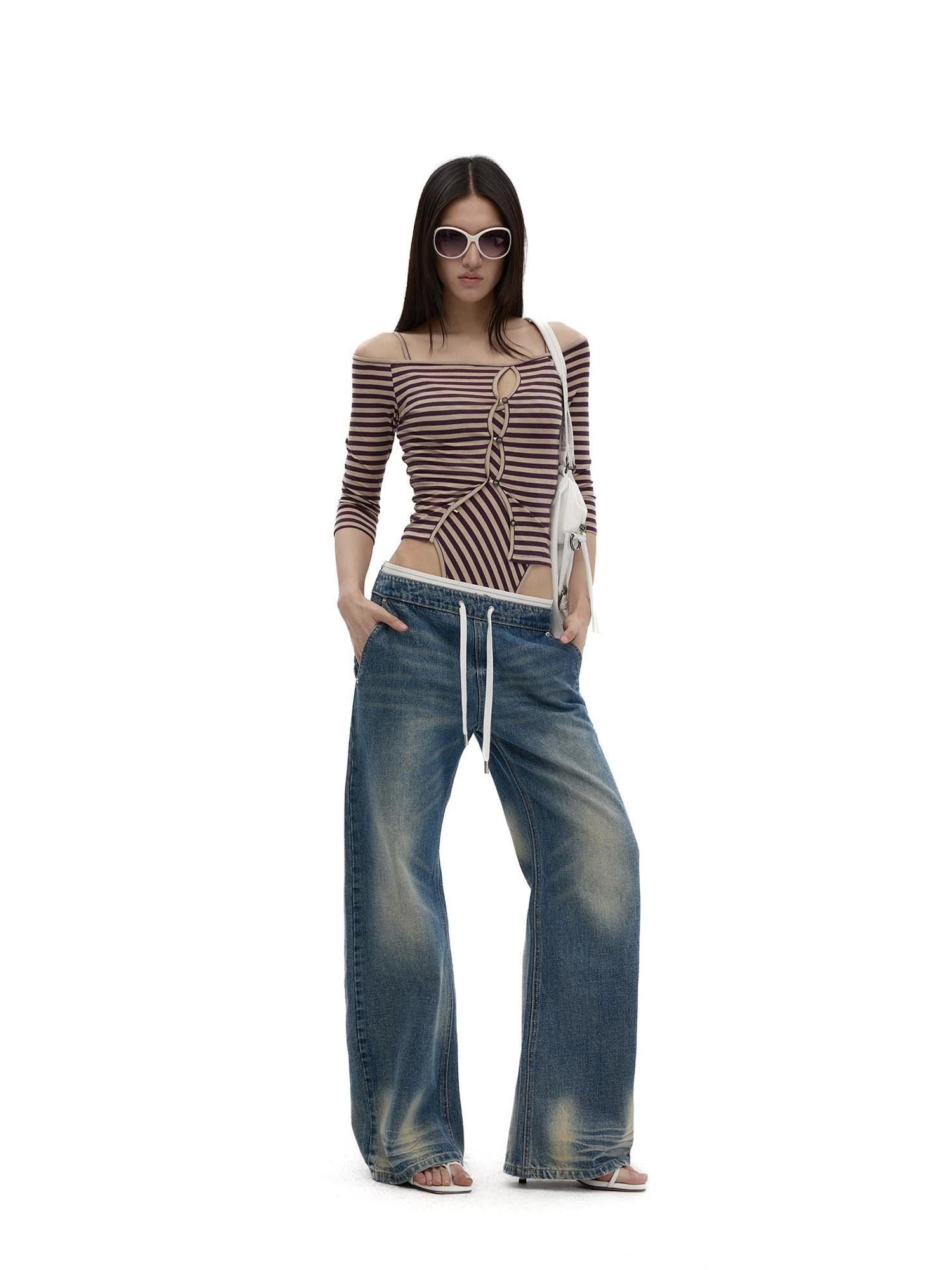 Fanptntox Striped Colorblock Knit One Shoulder Cutout Women's Lyocell Wool Cardigans