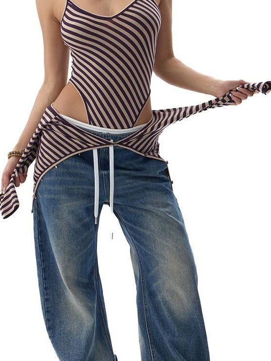 Fanptntox Striped Colorblock Knit One Shoulder Cutout Women's Lyocell Wool Cardigans