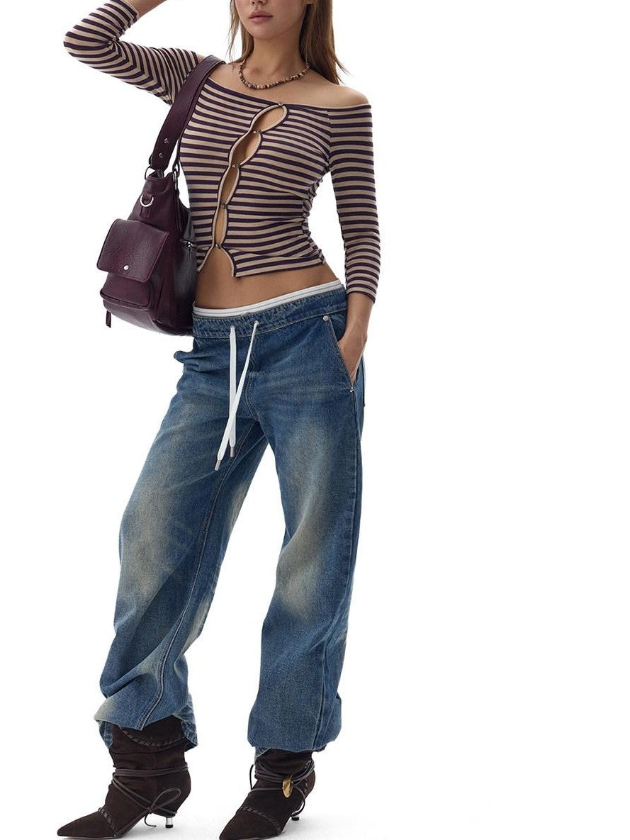 Fanptntox Striped Colorblock Knit One Shoulder Cutout Women's Lyocell Wool Cardigans