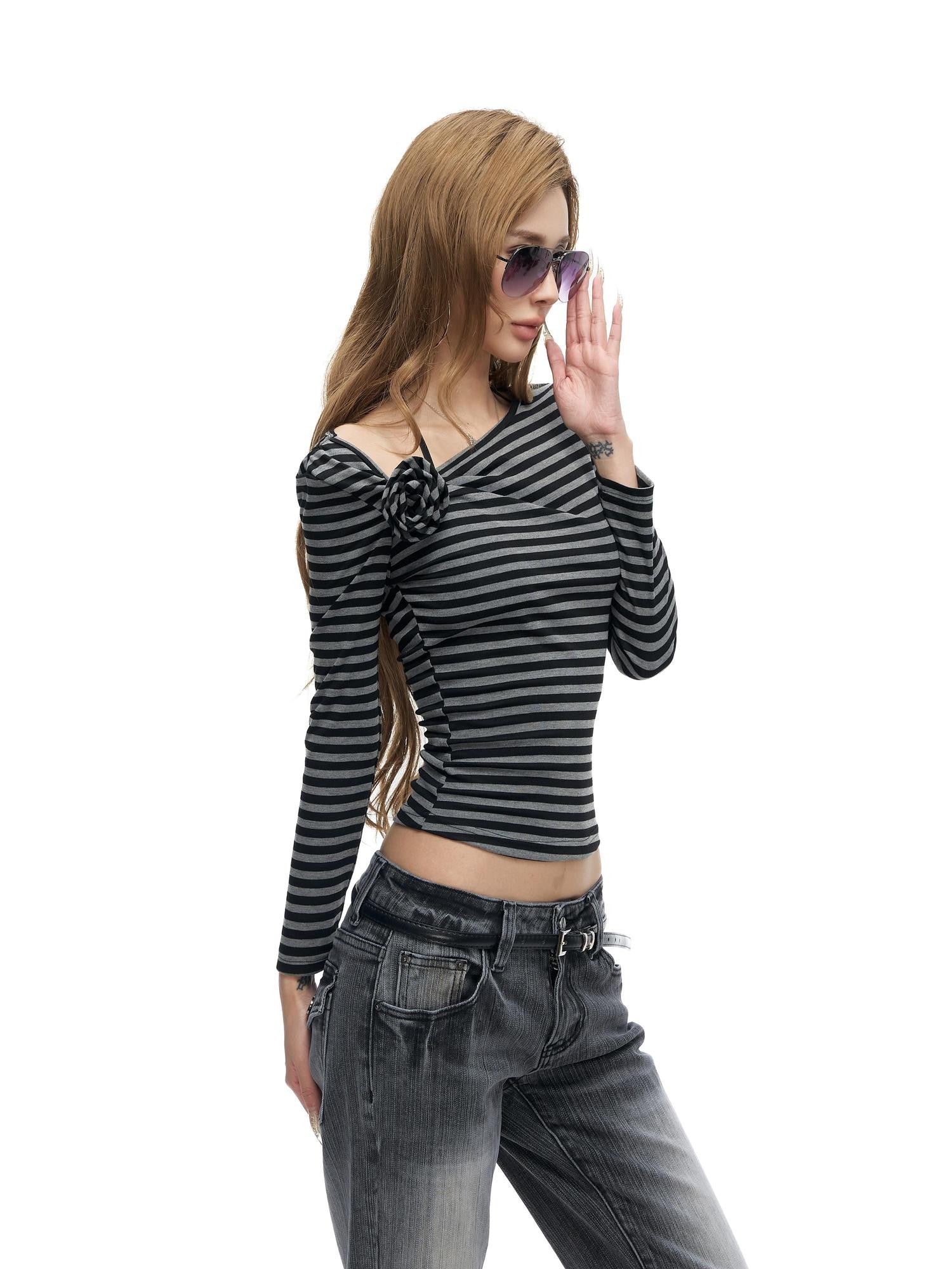 Fanptntox Striped One Shoulder Colorblock Flower Waist Women's Knit Long Sleeve T-shirts