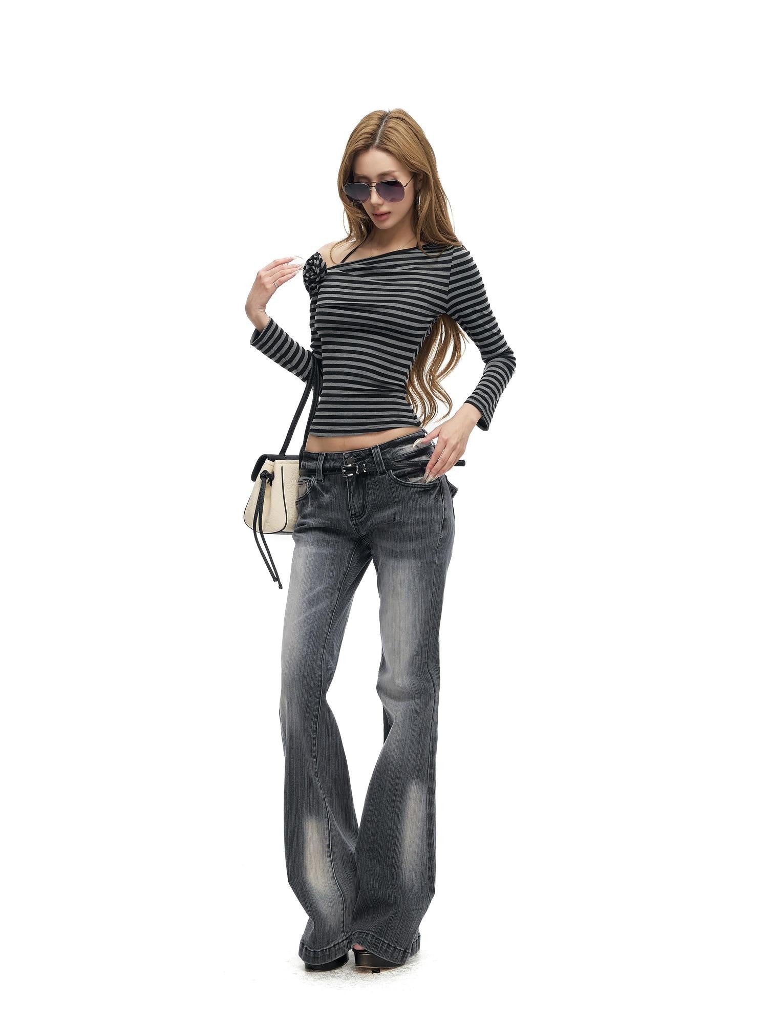 Fanptntox Striped One Shoulder Colorblock Flower Waist Women's Knit Long Sleeve T-shirts
