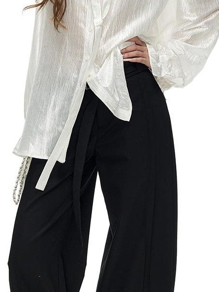 Fanptntox Striped Ruffle Trim V-neck Long Sleeve Bow Women's Satin Shirts