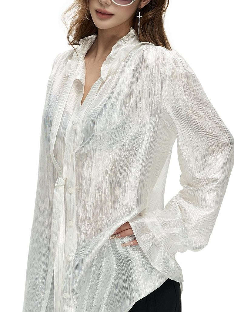 Fanptntox Striped Ruffle Trim V-neck Long Sleeve Bow Women's Satin Shirts
