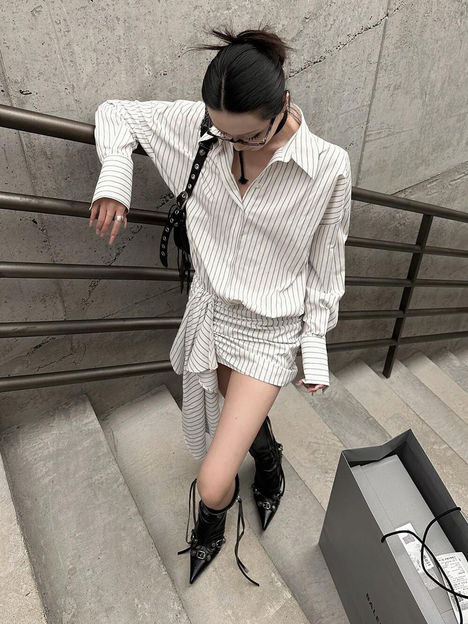 Fanptntox Striped Short Sleeve Shirt Dress High Waist Women's A Line Matching Skirt Sets
