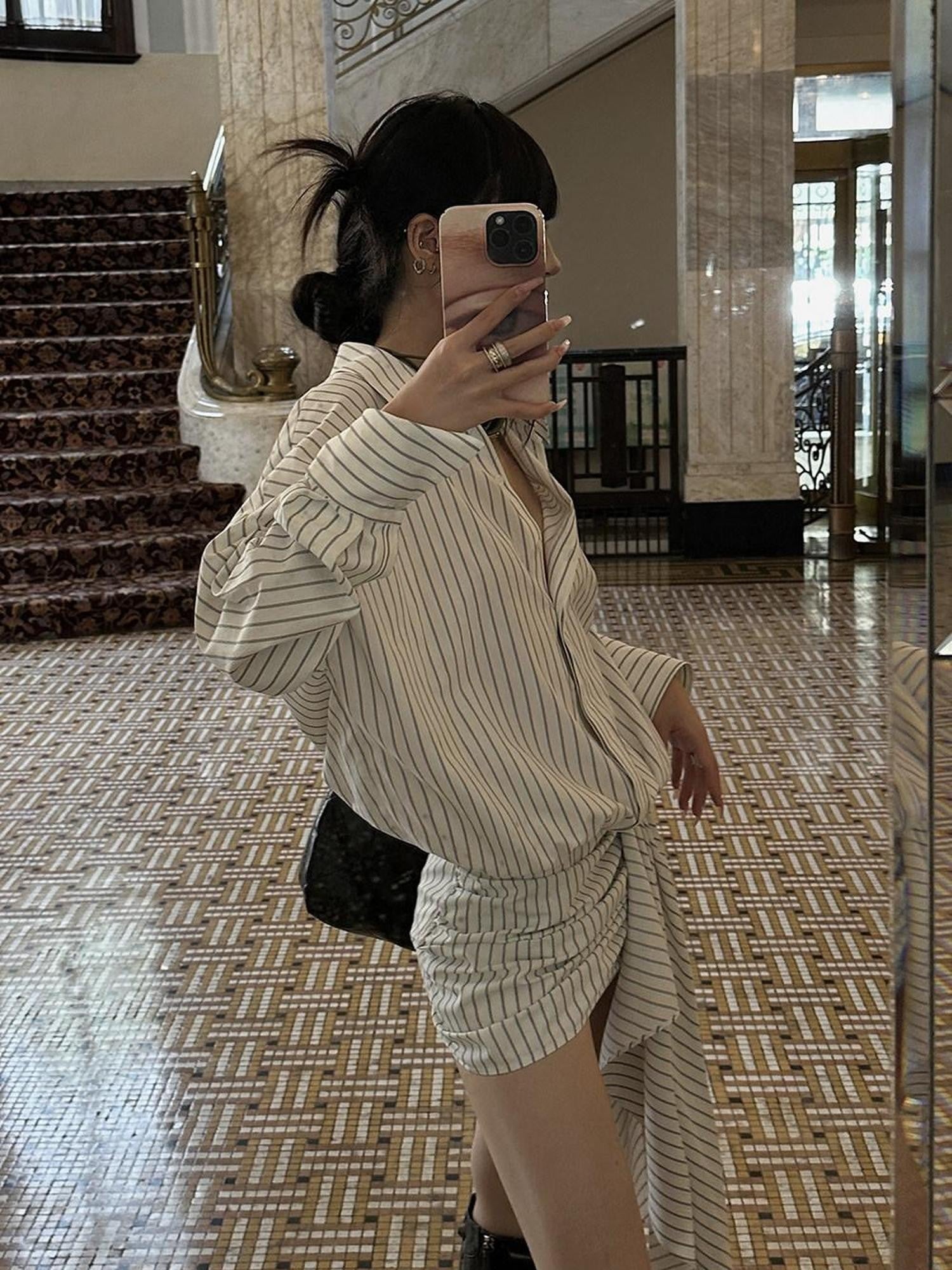 Fanptntox Striped Short Sleeve Shirt Dress High Waist Women's A Line Matching Skirt Sets