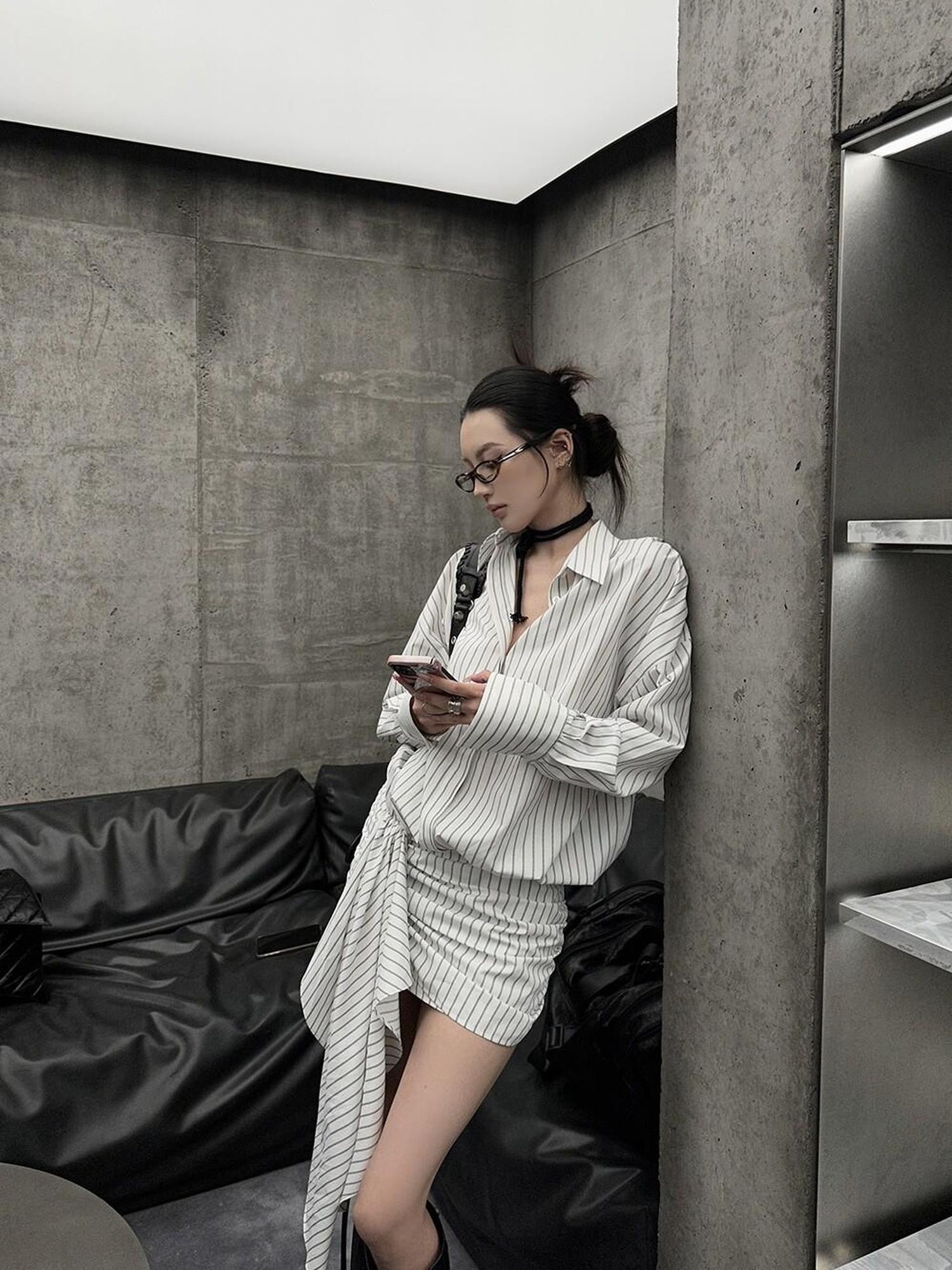 Fanptntox Striped Short Sleeve Shirt Dress High Waist Women's A Line Matching Skirt Sets