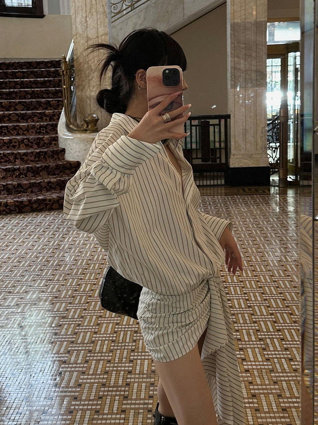 Fanptntox Striped Short Sleeve Shirt Dress High Waist Women's A Line Matching Skirt Sets