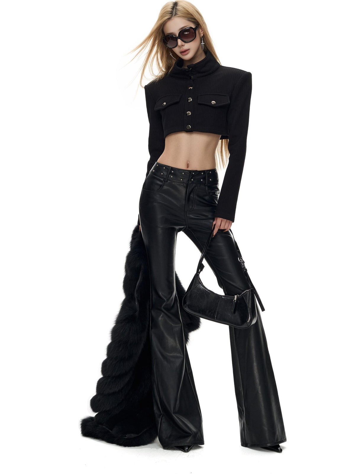 Fanptntox Studded Low Waist Flared Stretch Women's Polyester Leather Pants