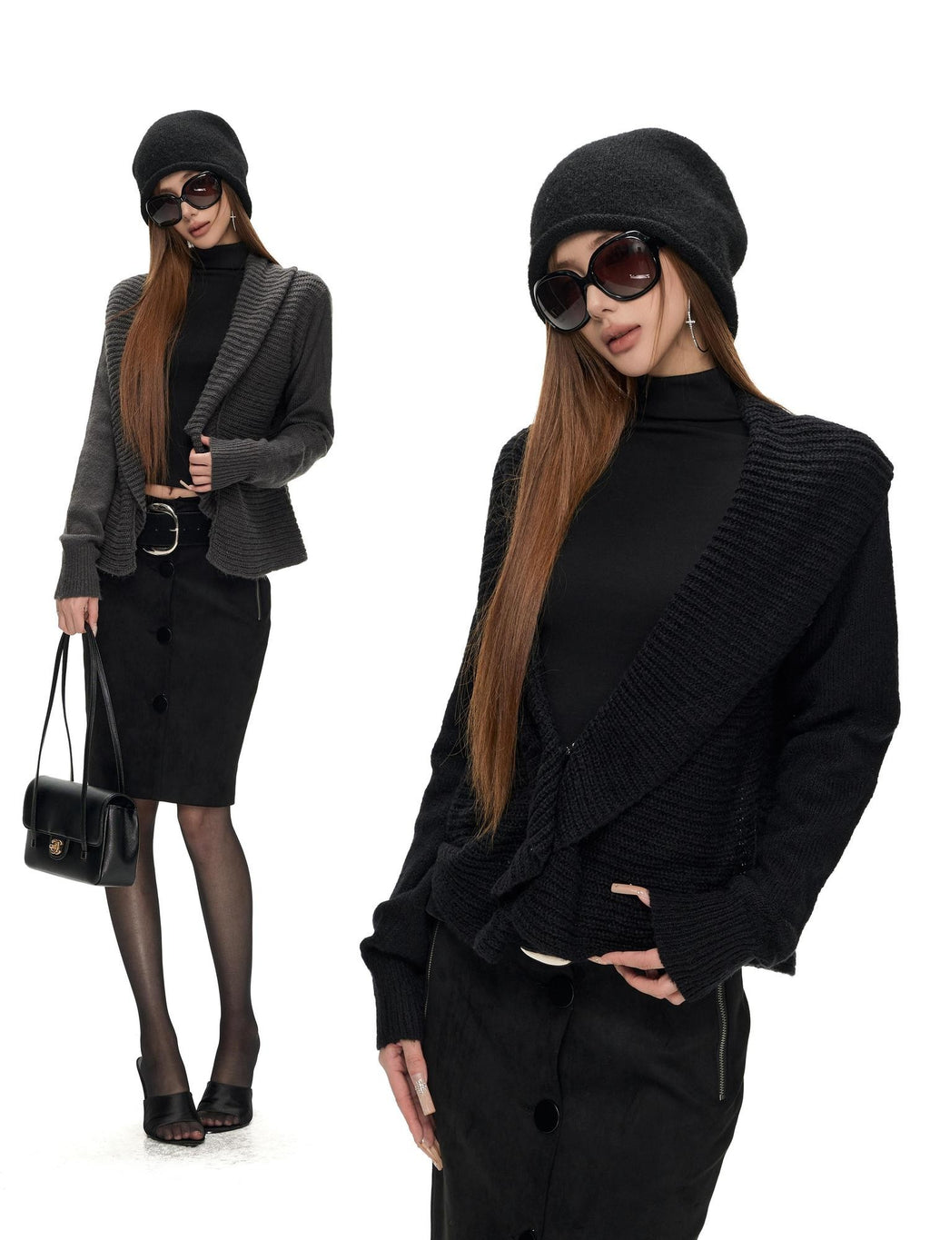 Fanptntox Textured Wool Blend Long Sleeve Cardigan Women's Turtleneck Sweaters
