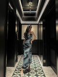 Fanptntox Tie Dye Chain Strap Cinched Waist Women's Mesh Bodycon Maxi Dresses