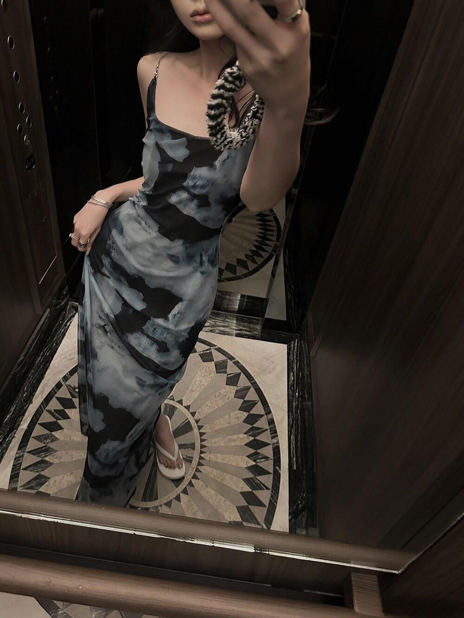 Fanptntox Tie Dye Chain Strap Cinched Waist Women's Mesh Bodycon Maxi Dresses