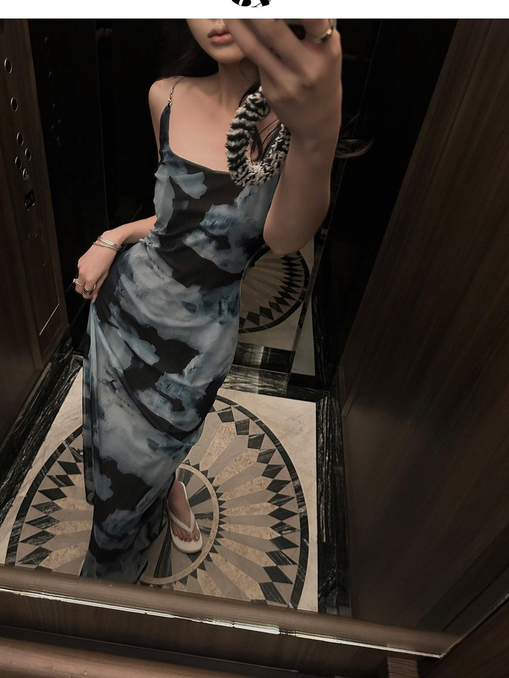 Fanptntox Tie Dye Chain Strap Cinched Waist Women's Mesh Bodycon Maxi Dresses