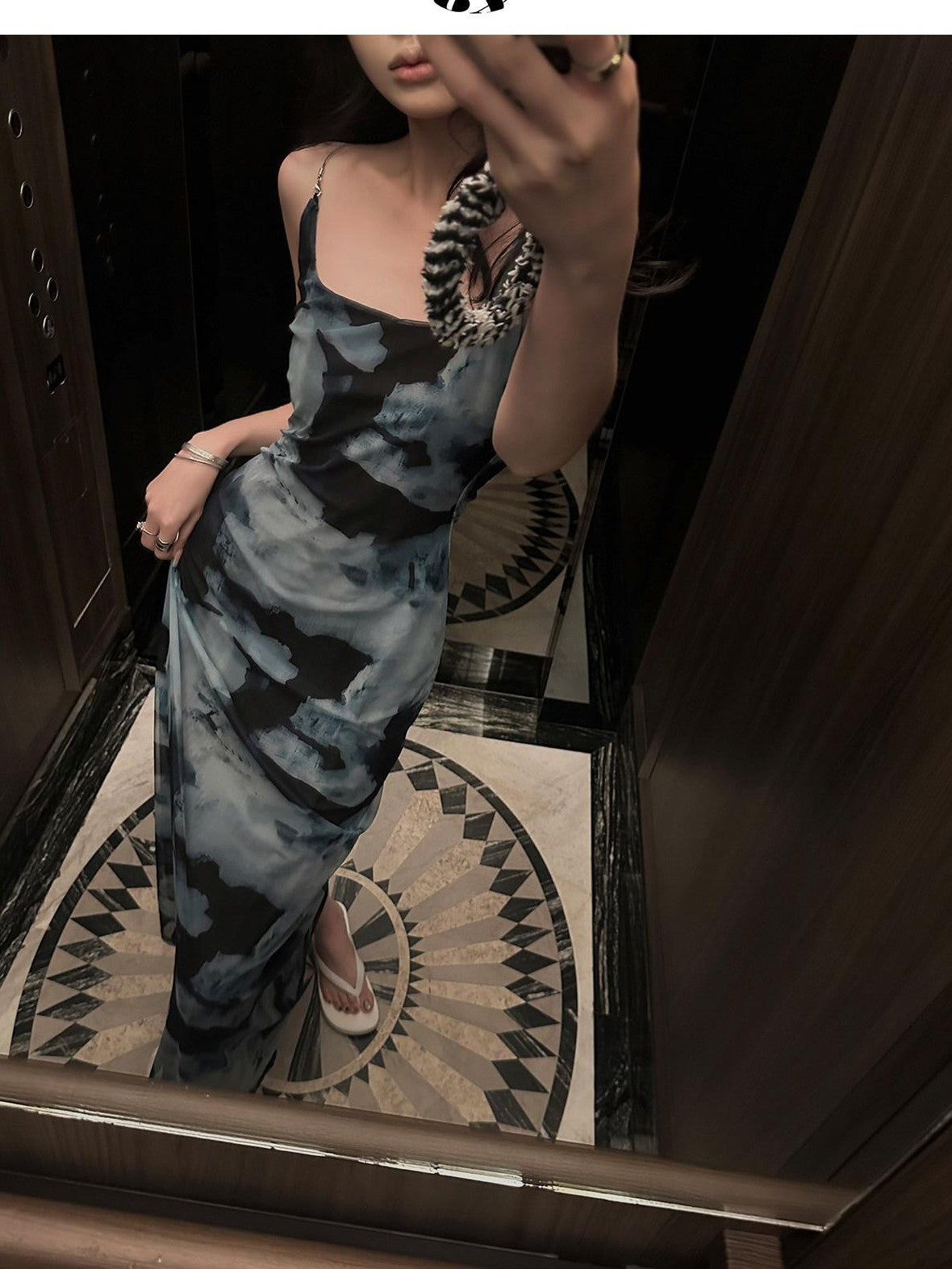 Fanptntox Tie Dye Chain Strap Cinched Waist Women's Mesh Bodycon Maxi Dresses