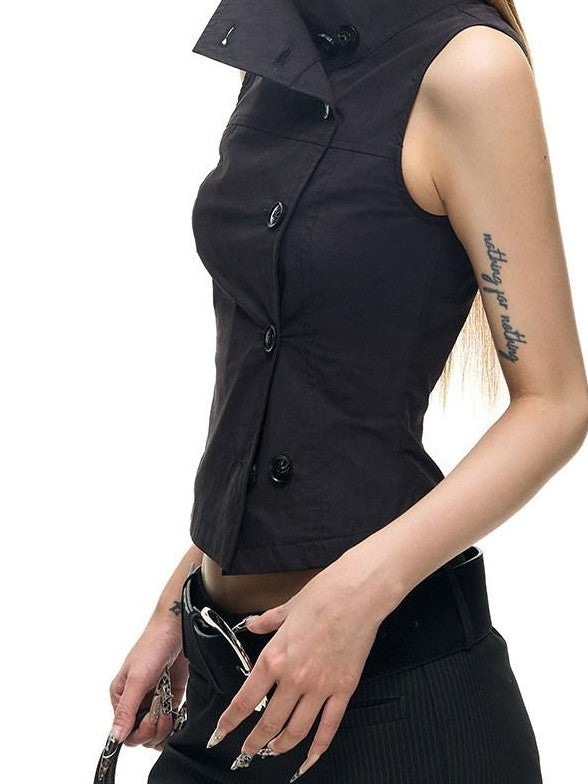 Fanptntox Two Tone Double Row Buttons Stand Collar Vest Women's Cotton Blend Shirts