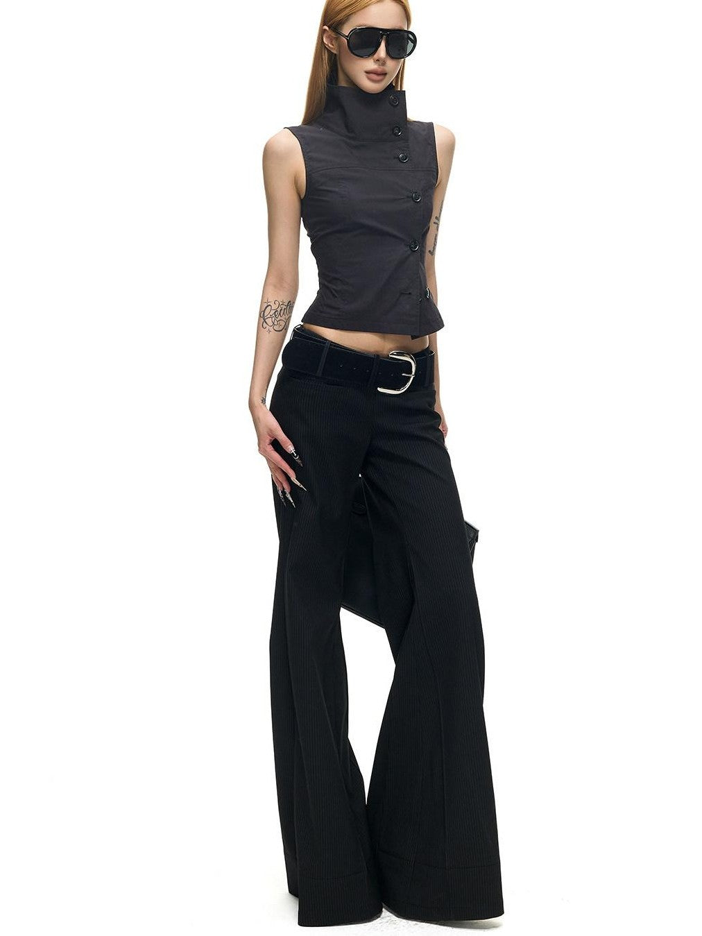 Fanptntox Two Tone Double Row Buttons Stand Collar Vest Women's Cotton Blend Shirts