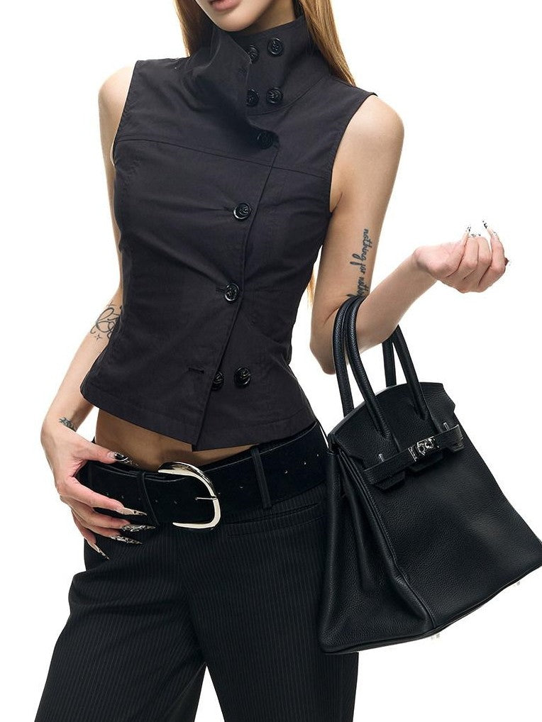 Fanptntox Two Tone Double Row Buttons Stand Collar Vest Women's Cotton Blend Shirts