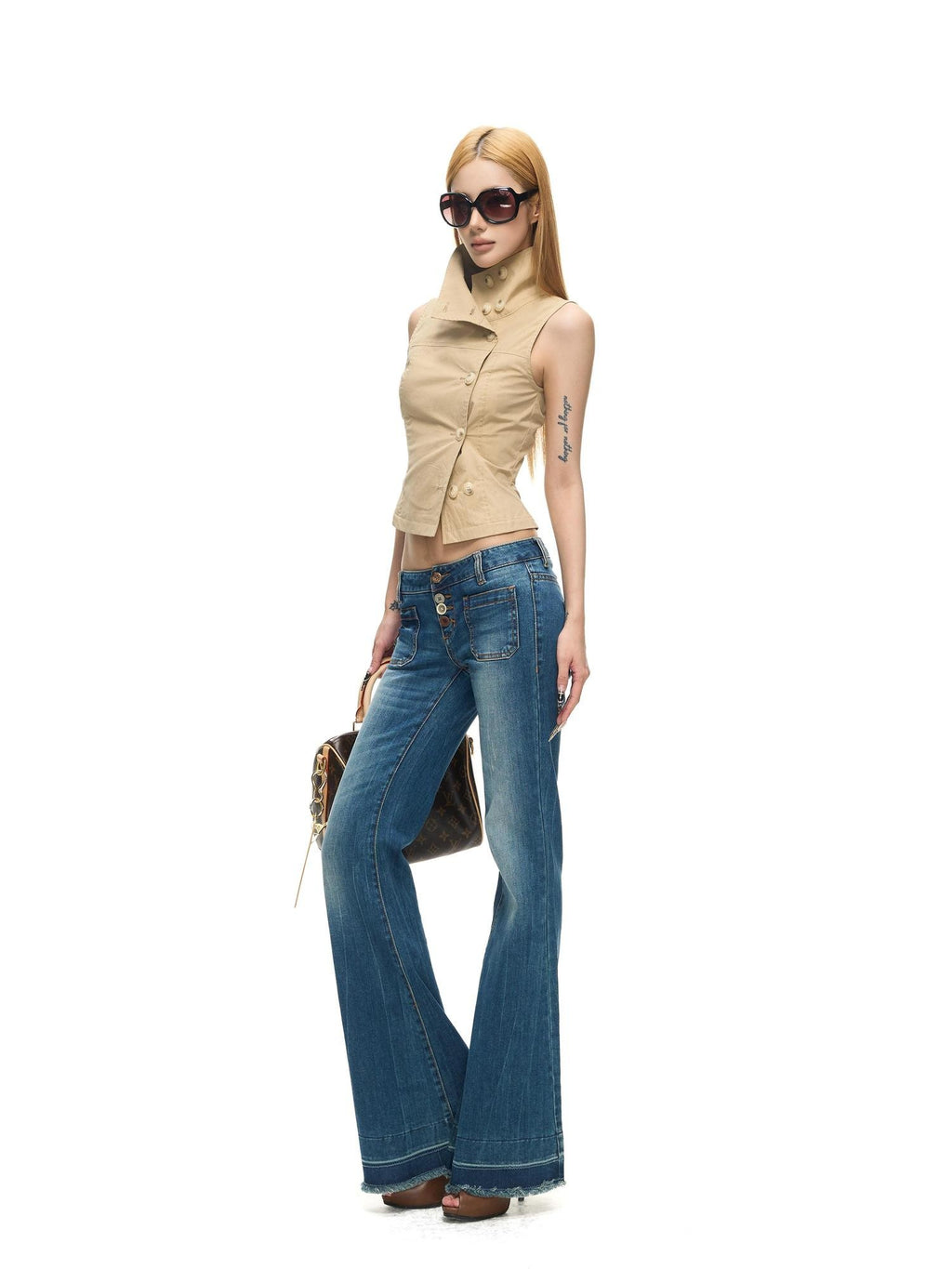 Fanptntox Two Tone Double Row Buttons Stand Collar Vest Women's Cotton Blend Shirts
