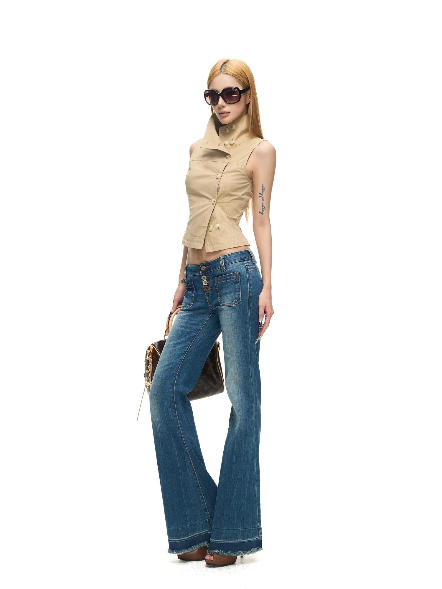 Fanptntox Two Tone Double Row Buttons Stand Collar Vest Women's Cotton Blend Shirts