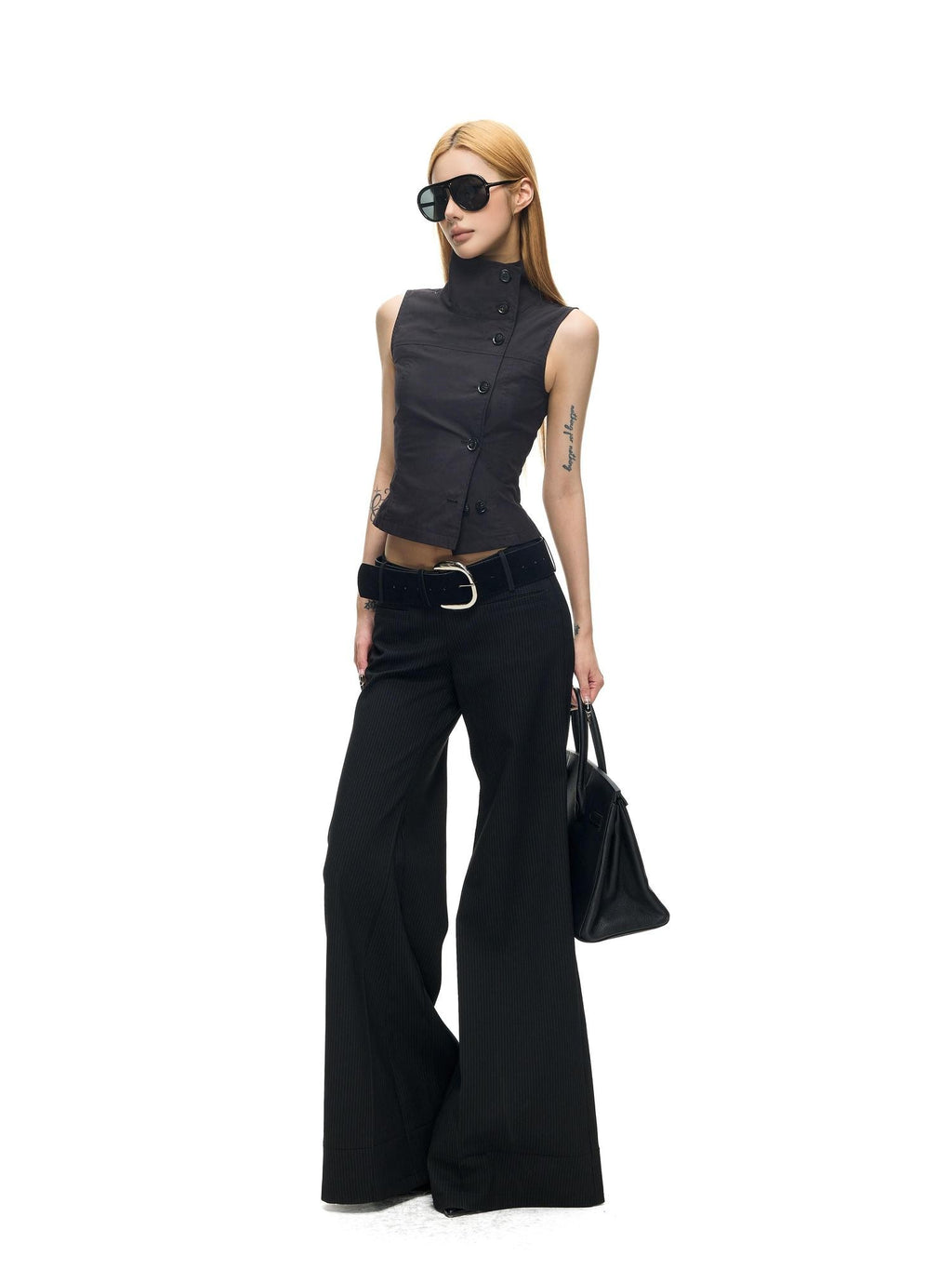 Fanptntox Two Tone Double Row Buttons Stand Collar Vest Women's Cotton Blend Shirts