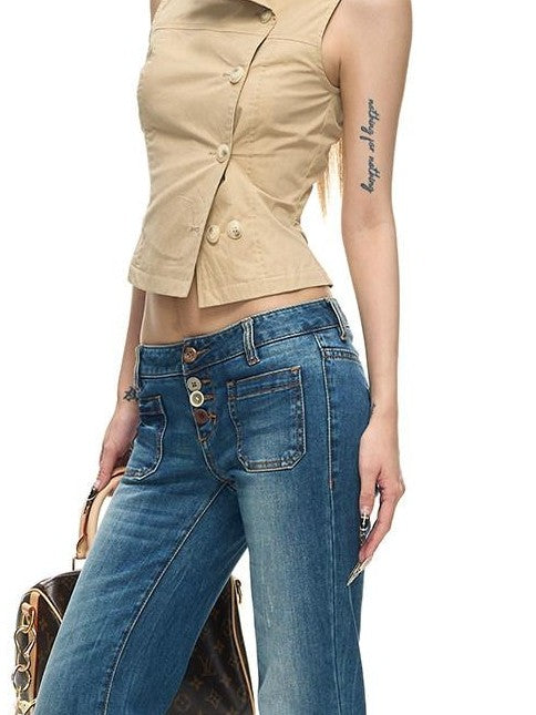 Fanptntox Two Tone Double Row Buttons Stand Collar Vest Women's Cotton Blend Shirts
