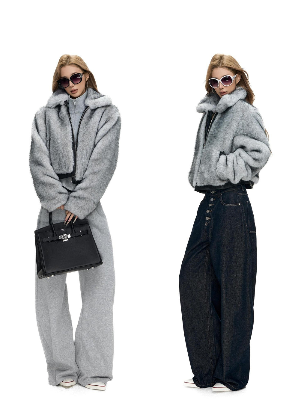Fanptntox Two Tone Fox Fur Patchwork Leather Trim Cropped Women's Polyester Faux Fur Coats