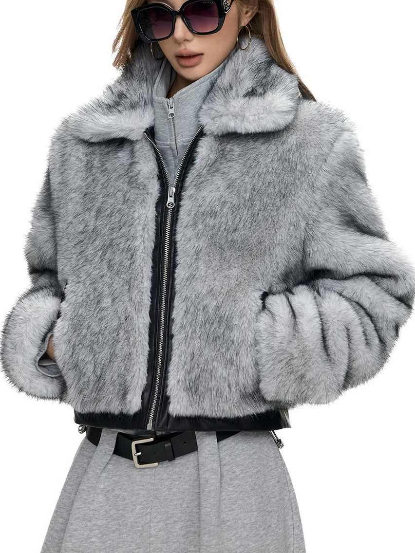 Fanptntox Two Tone Fox Fur Patchwork Leather Trim Cropped Women's Polyester Faux Fur Coats