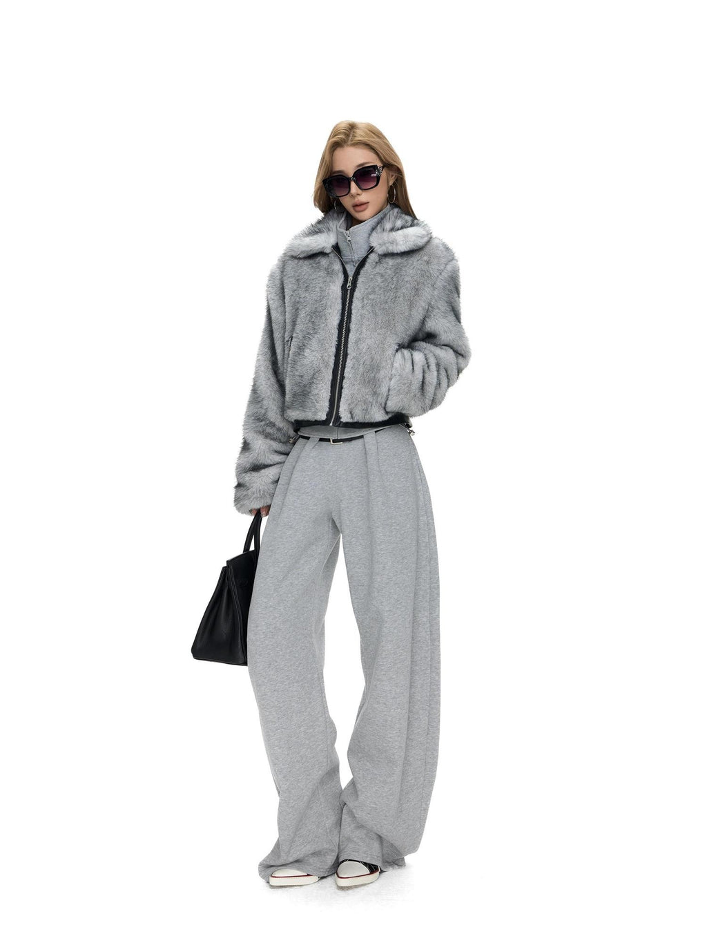 Fanptntox Two Tone Fox Fur Patchwork Leather Trim Cropped Women's Polyester Faux Fur Coats