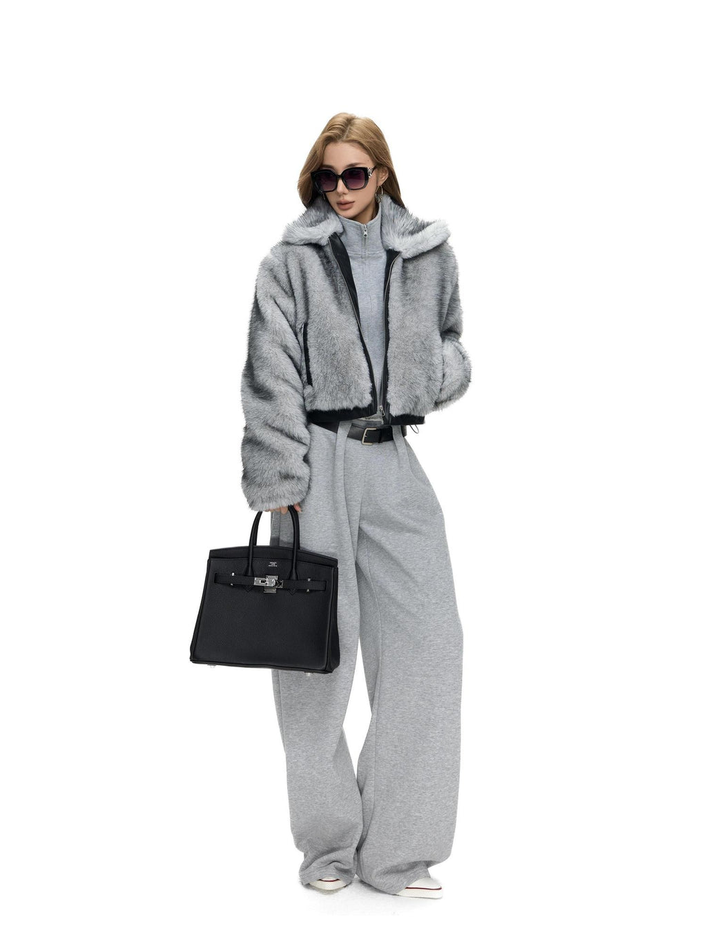 Fanptntox Two Tone Fox Fur Patchwork Leather Trim Cropped Women's Polyester Faux Fur Coats