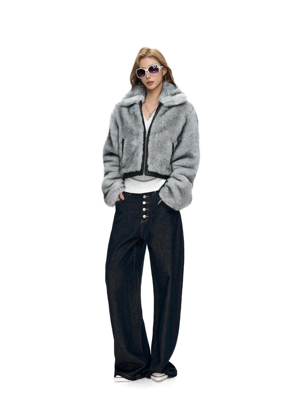 Fanptntox Two Tone Fox Fur Patchwork Leather Trim Cropped Women's Polyester Faux Fur Coats