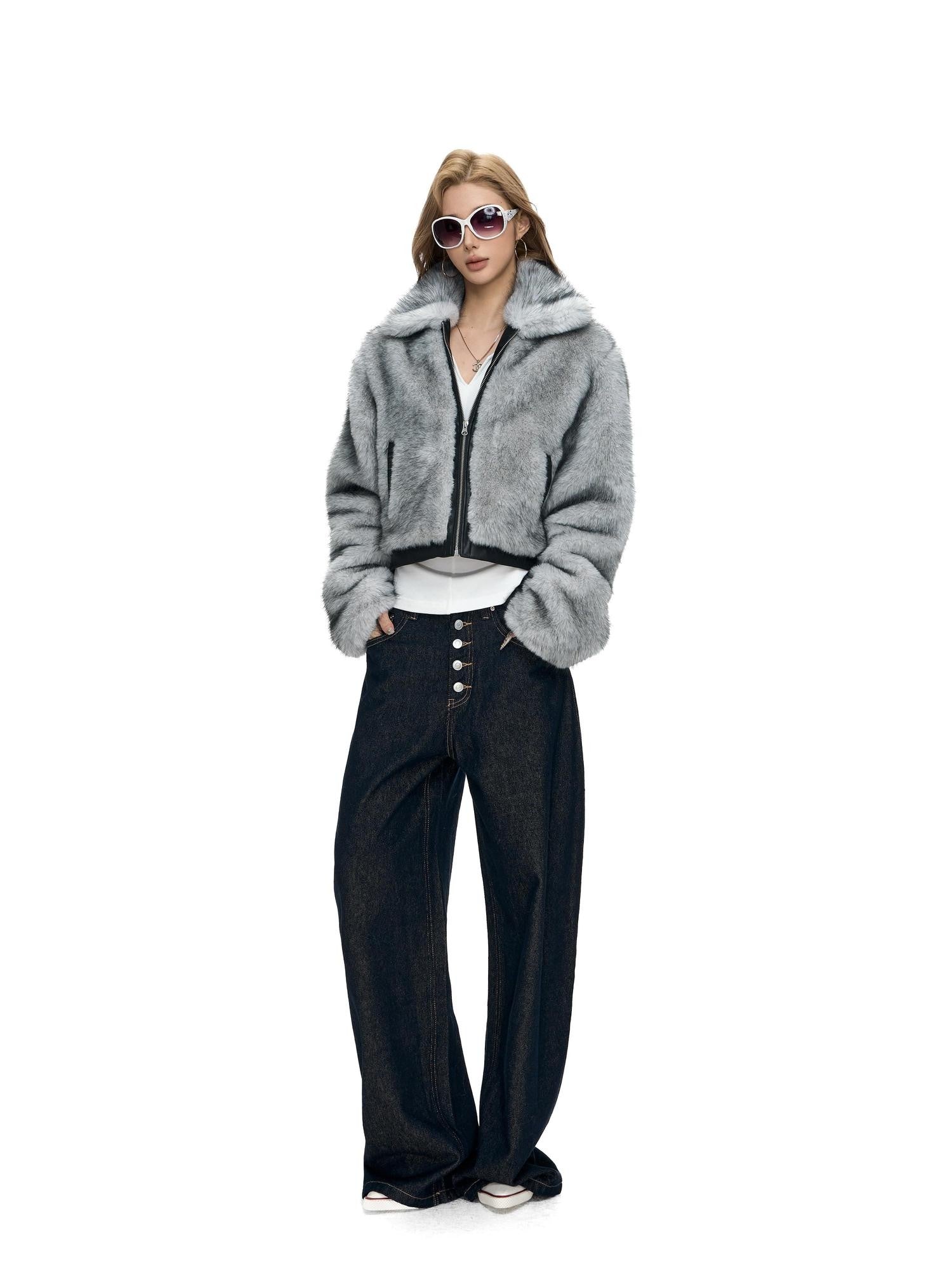 Fanptntox Two Tone Fox Fur Patchwork Leather Trim Cropped Women's Polyester Faux Fur Coats