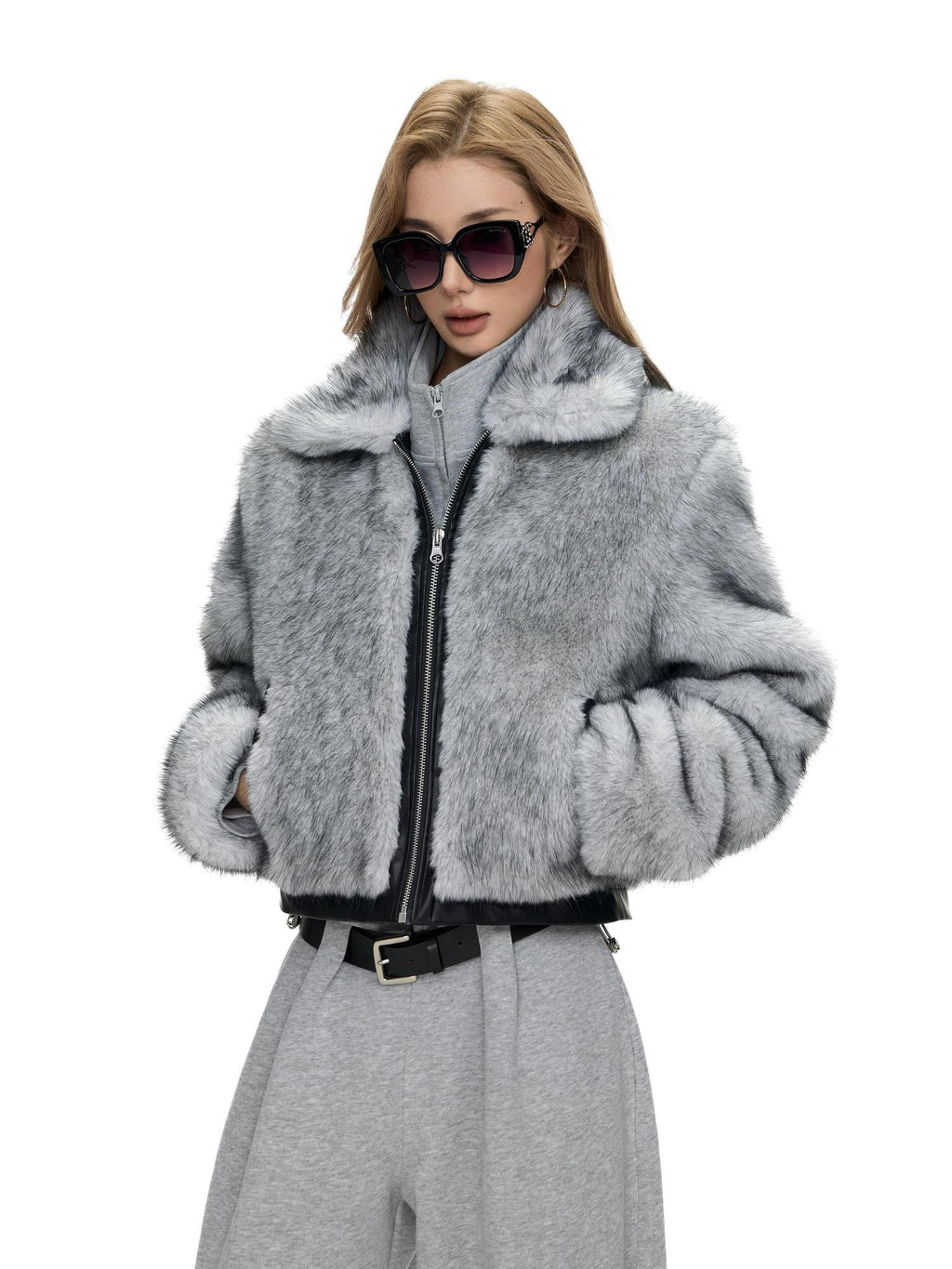 Fanptntox Two Tone Fox Fur Patchwork Leather Trim Cropped Women's Polyester Faux Fur Coats