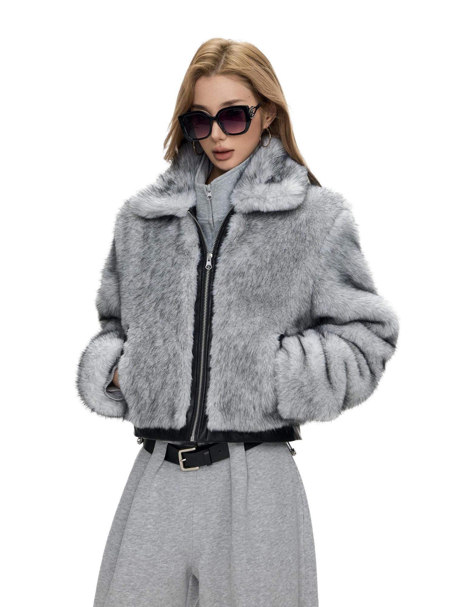 Fanptntox Two Tone Fox Fur Patchwork Leather Trim Cropped Women's Polyester Faux Fur Coats