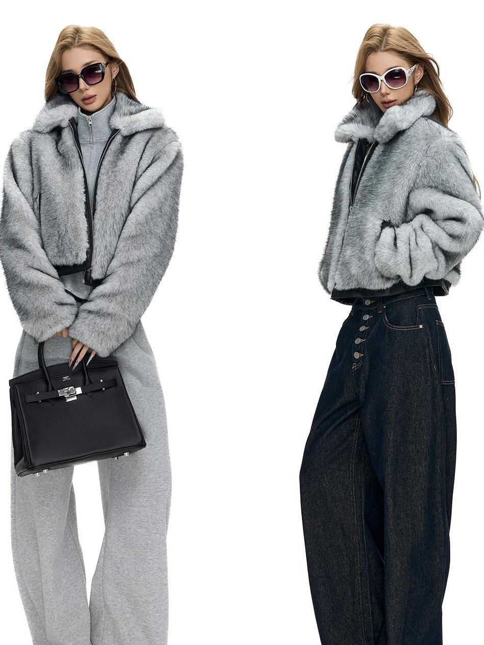 Fanptntox Two Tone Fox Fur Patchwork Leather Trim Cropped Women's Polyester Faux Fur Coats