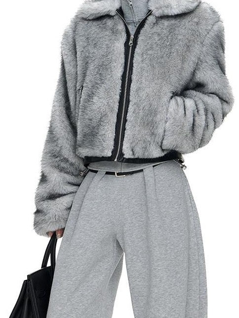 Fanptntox Two Tone Fox Fur Patchwork Leather Trim Cropped Women's Polyester Faux Fur Coats