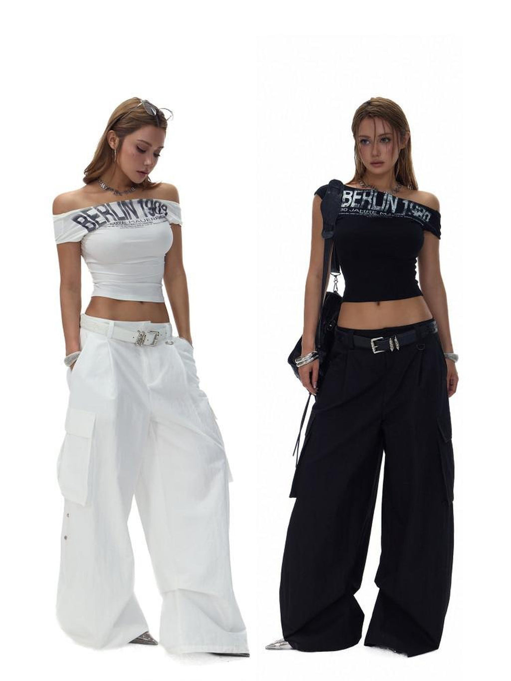 Fanptntox Two Tone Large Pocket Cargo Adjustable Women's Cotton Nylon Wide-leg Pants