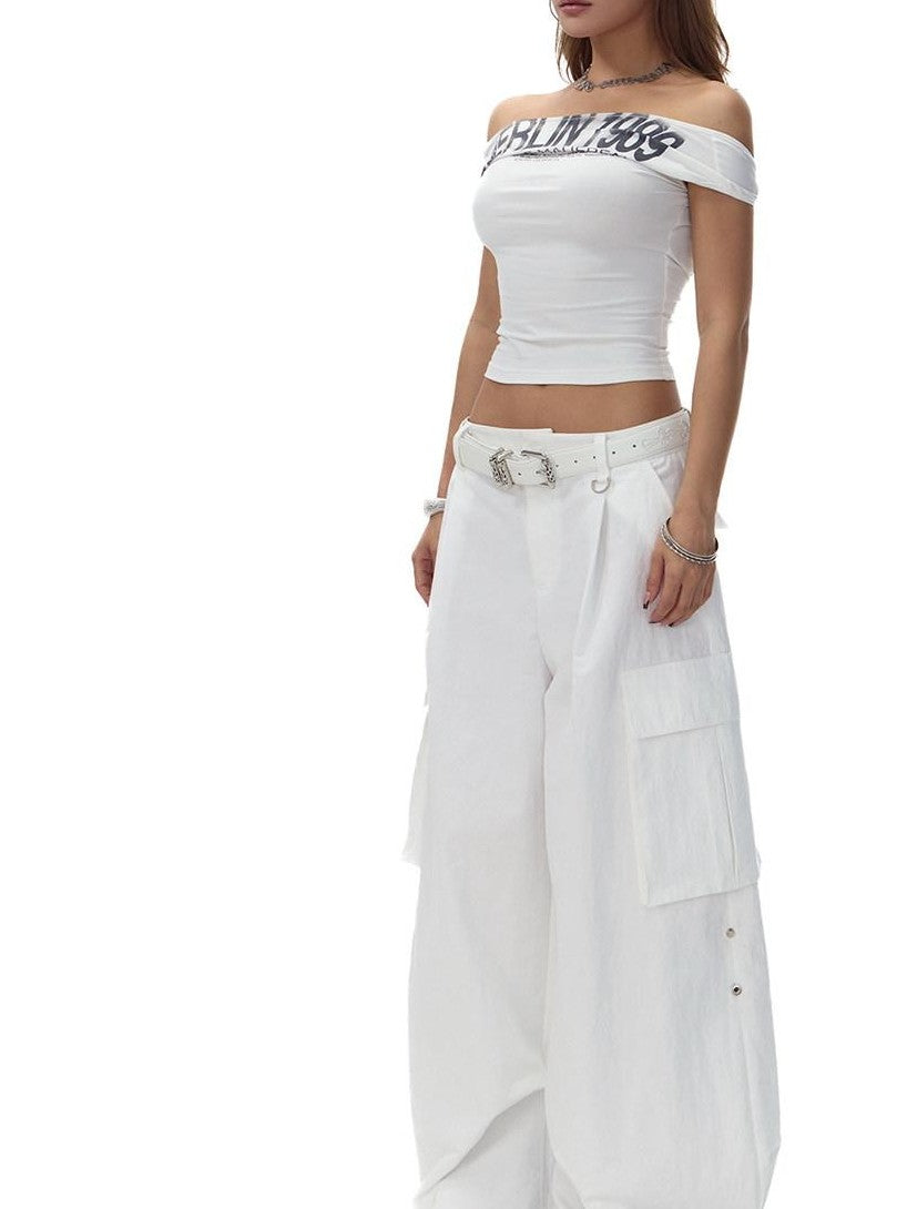 Fanptntox Two Tone Large Pocket Cargo Adjustable Women's Cotton Nylon Wide-leg Pants