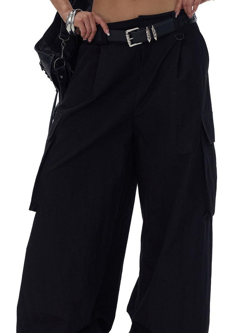 Fanptntox Two Tone Large Pocket Cargo Adjustable Women's Cotton Nylon Wide-leg Pants