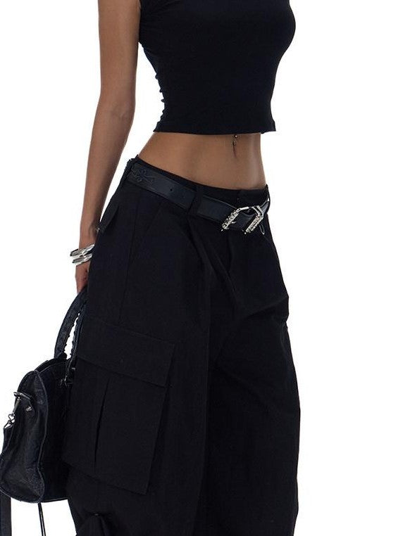 Fanptntox Two Tone Large Pocket Cargo Adjustable Women's Cotton Nylon Wide-leg Pants