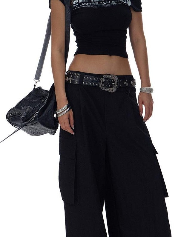 Fanptntox Two Tone Large Pocket Cargo Adjustable Women's Cotton Nylon Wide-leg Pants
