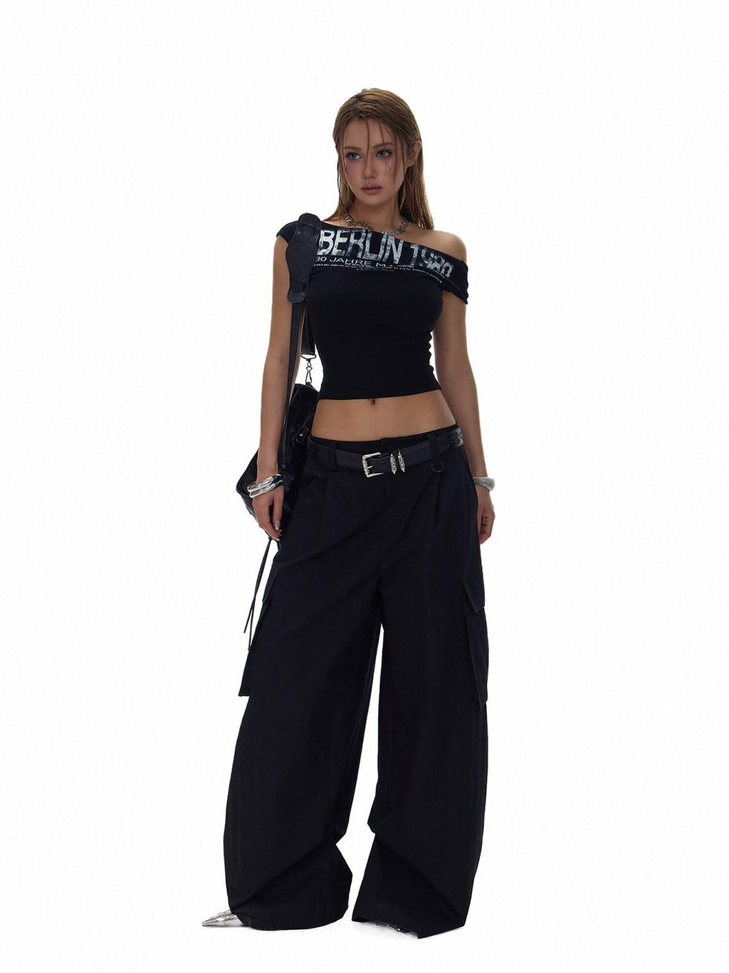 Fanptntox Two Tone Large Pocket Cargo Adjustable Women's Cotton Nylon Wide-leg Pants