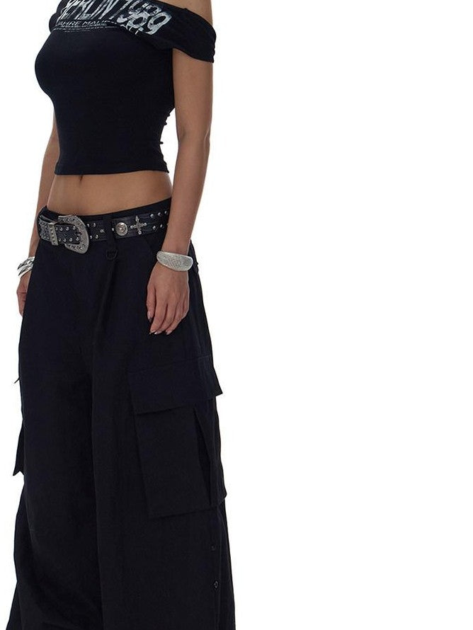 Fanptntox Two Tone Large Pocket Cargo Adjustable Women's Cotton Nylon Wide-leg Pants