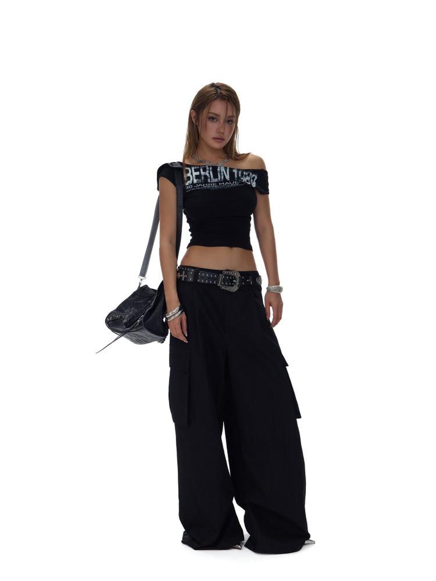 Fanptntox Two Tone Large Pocket Cargo Adjustable Women's Cotton Nylon Wide-leg Pants