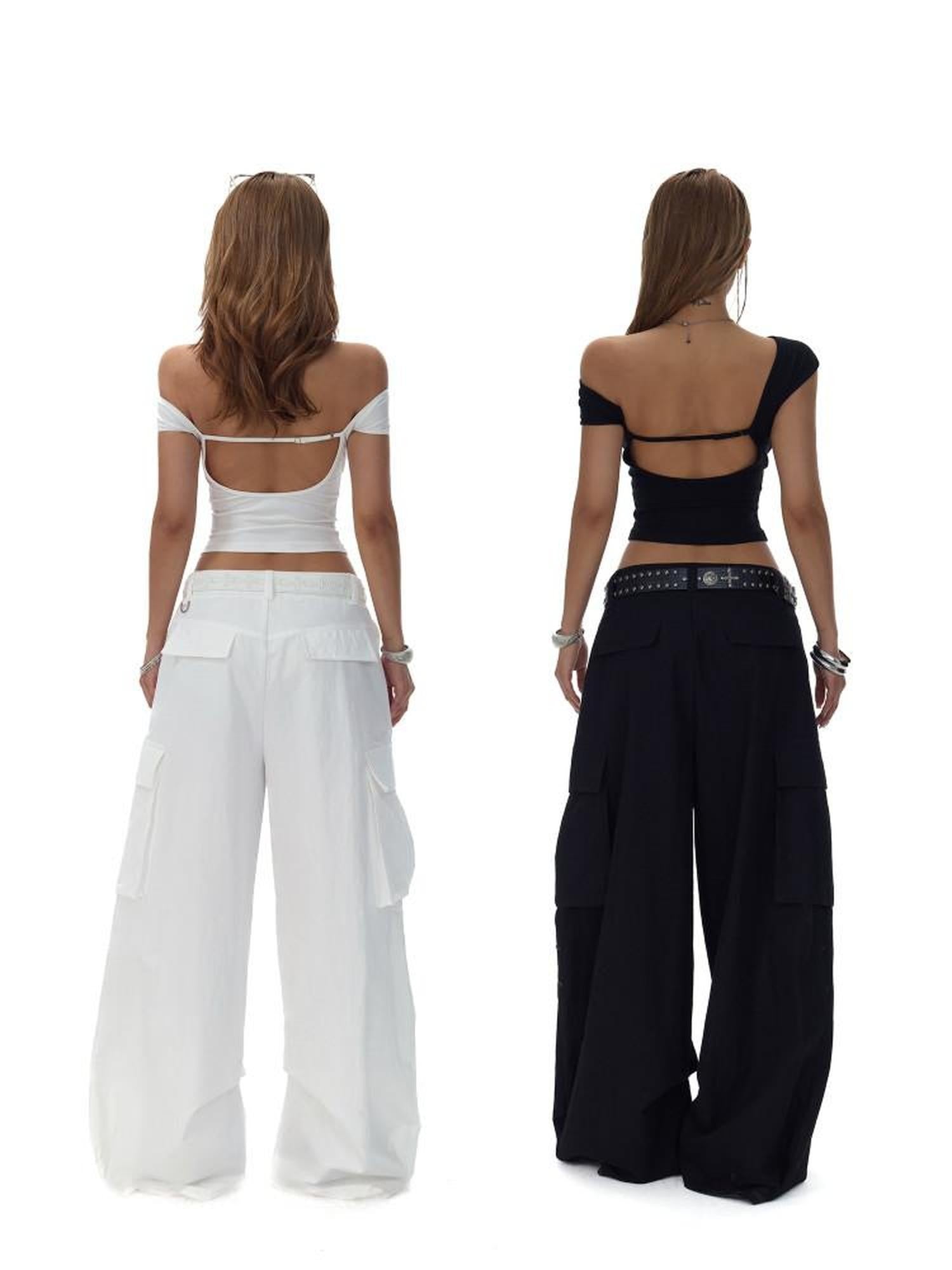 Fanptntox Two Tone Large Pocket Cargo Adjustable Women's Cotton Nylon Wide-leg Pants