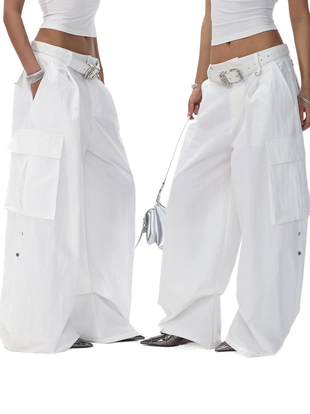 Fanptntox Two Tone Large Pocket Cargo Adjustable Women's Cotton Nylon Wide-leg Pants